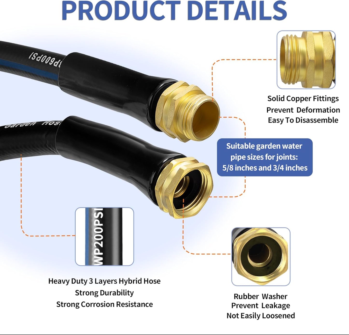 100 FT Garden Hose, Flexible No Kink Heavy Duty Garden Water Hose Flex Copper Bullet Collapsible Washer Rubber Hose 5/8" Soft Lightweight Outdoor Waterhose Manguera Para Jardin