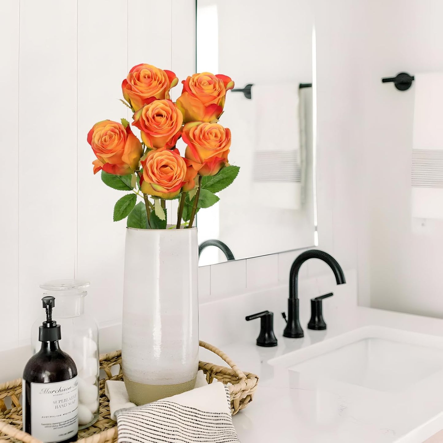 Briful Roses Artificial Flowers– 6PCS 18.9" Orange Rose Silk Flowers with Long Stems Realistic Fake Rose Bouquet for DIY Wedding Arrangements Table Vase Centerpieces Home Event Decor