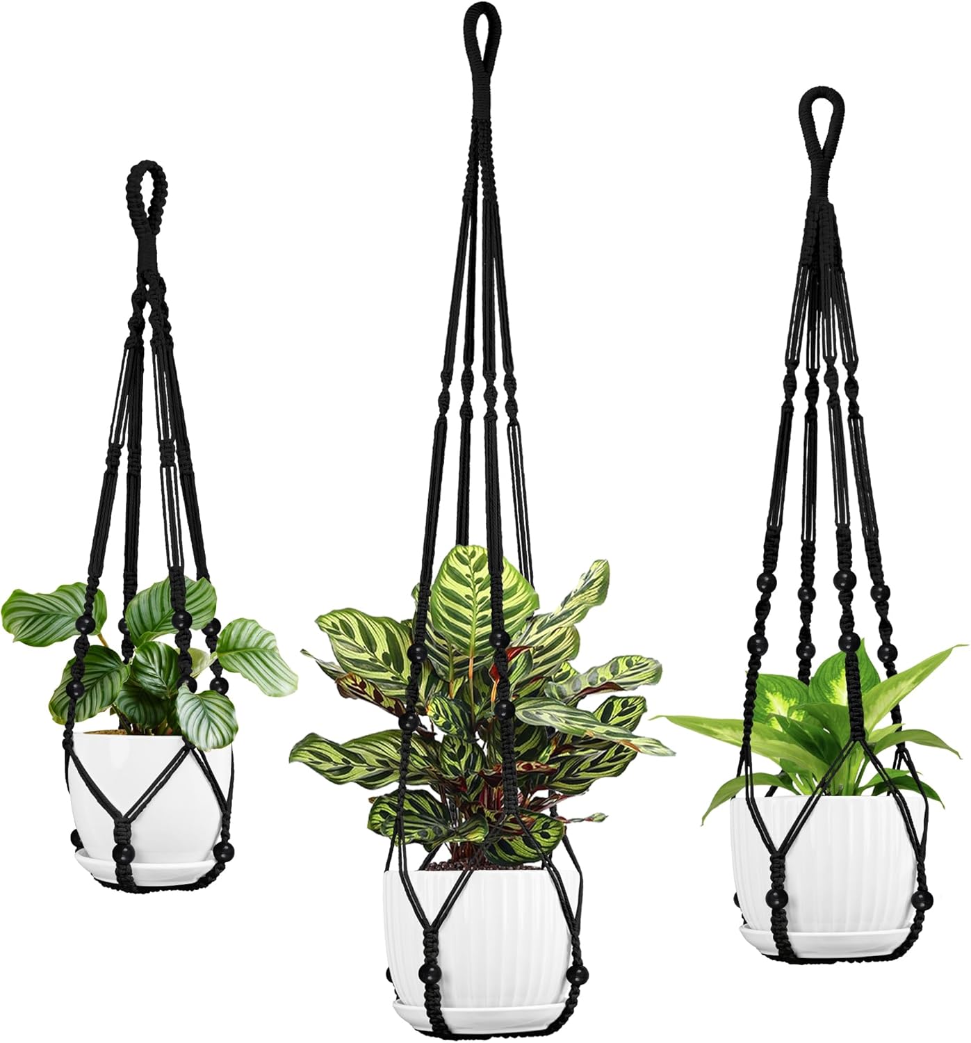 3 Pack Macrame Plant Hanger - 43"/35"/29" Different Sizes, Hanging Planter Basket Flower Pot Holder for Indoor Outdoor, with Wood Beads, Boho Home Decor, Black (POTS NOT Included)