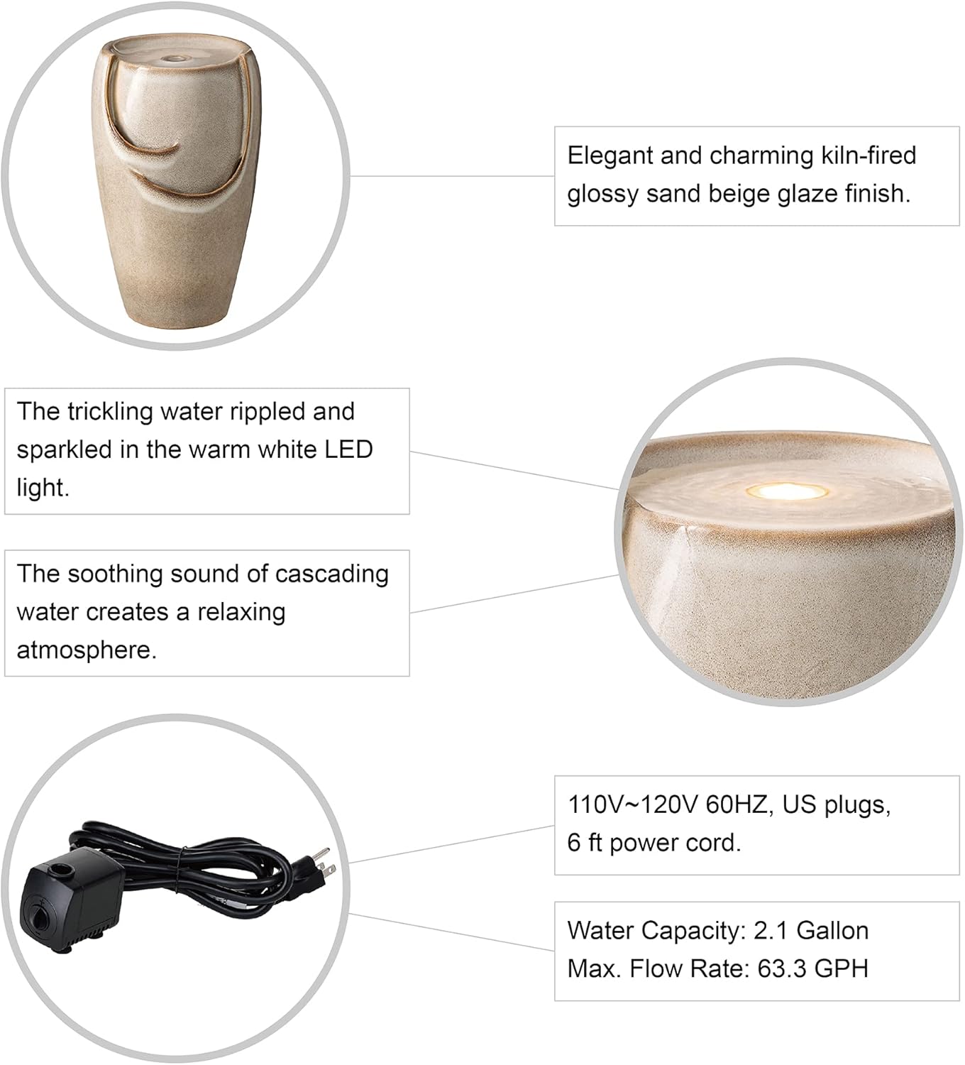 Glitzhome 21.25" H Ceramic Vase Outdoor Water Fountain Tall Patio Garden Water Fountain with LED Light and Submersible Pump Yard Art Decor, Sand Beige