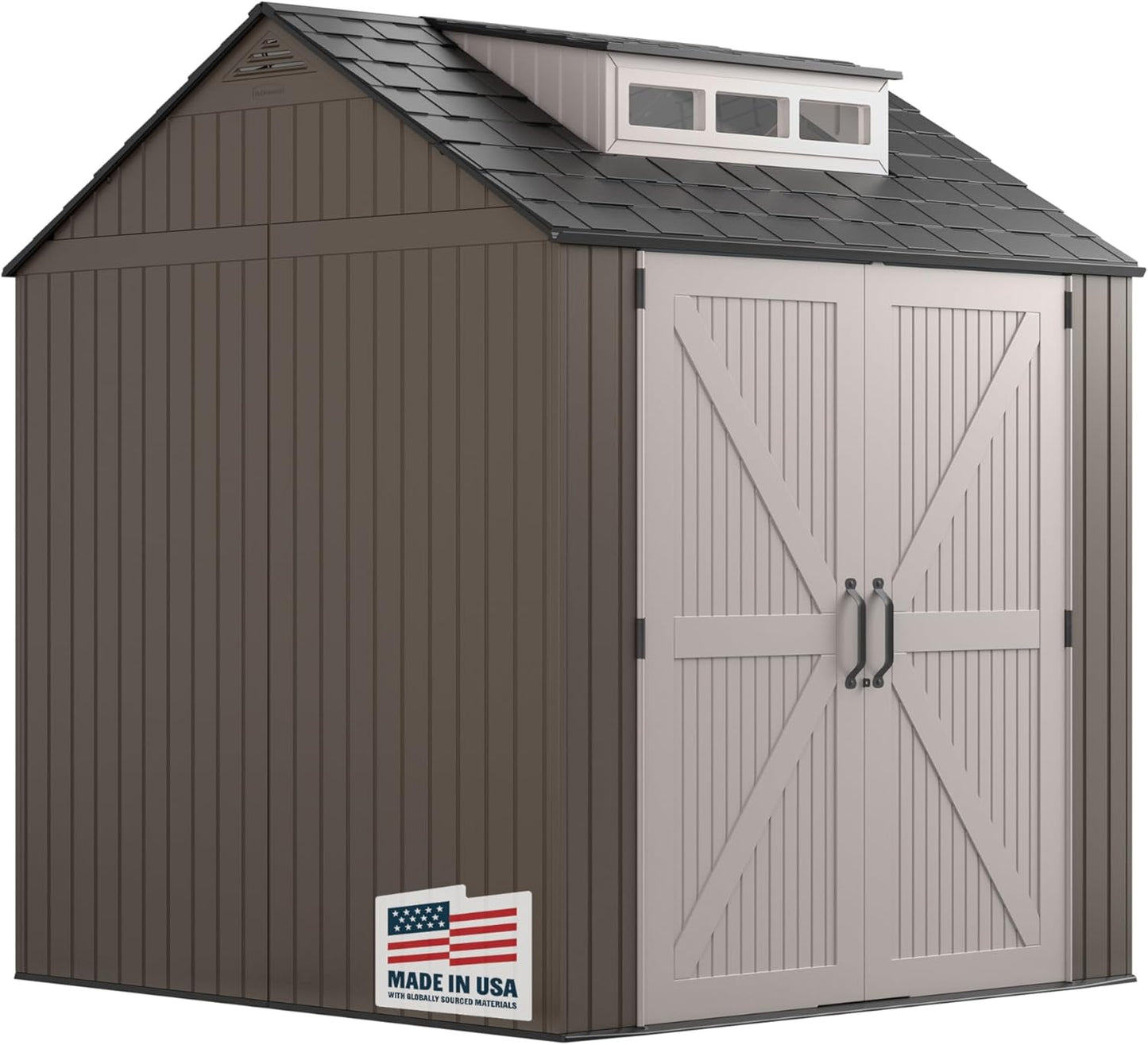 Rubbermaid Large Resin Outdoor Storage Shed With Floor (7 x 7 Ft.), Weather Resistant, Brown, Organization for Home/Lawn Mower/Backyard Equipment/Bike Storage/Pool Supplies