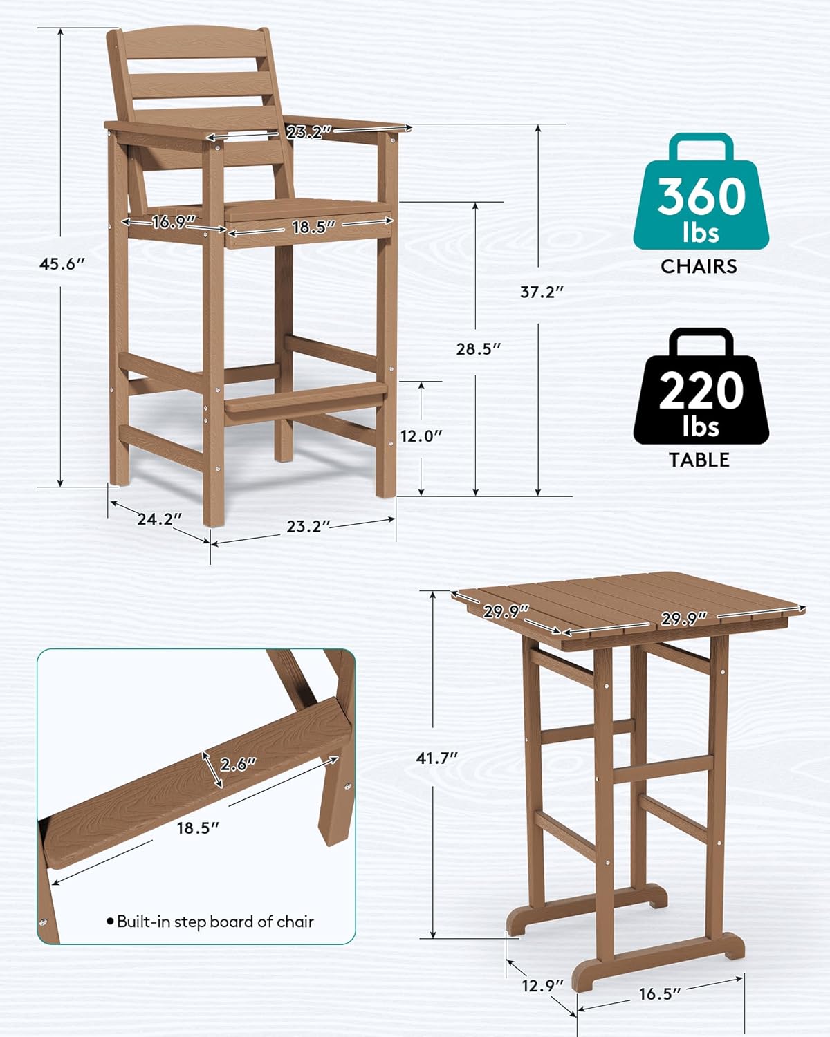 SERWALL Balcony Adirondack Chairs and Table 3 Pieces Set, Adirondack Bar Height Chairs Set of 2 and Bar Table, Outdoor Bar Stools Set for Bistro, Poolside, Backyard, Brown