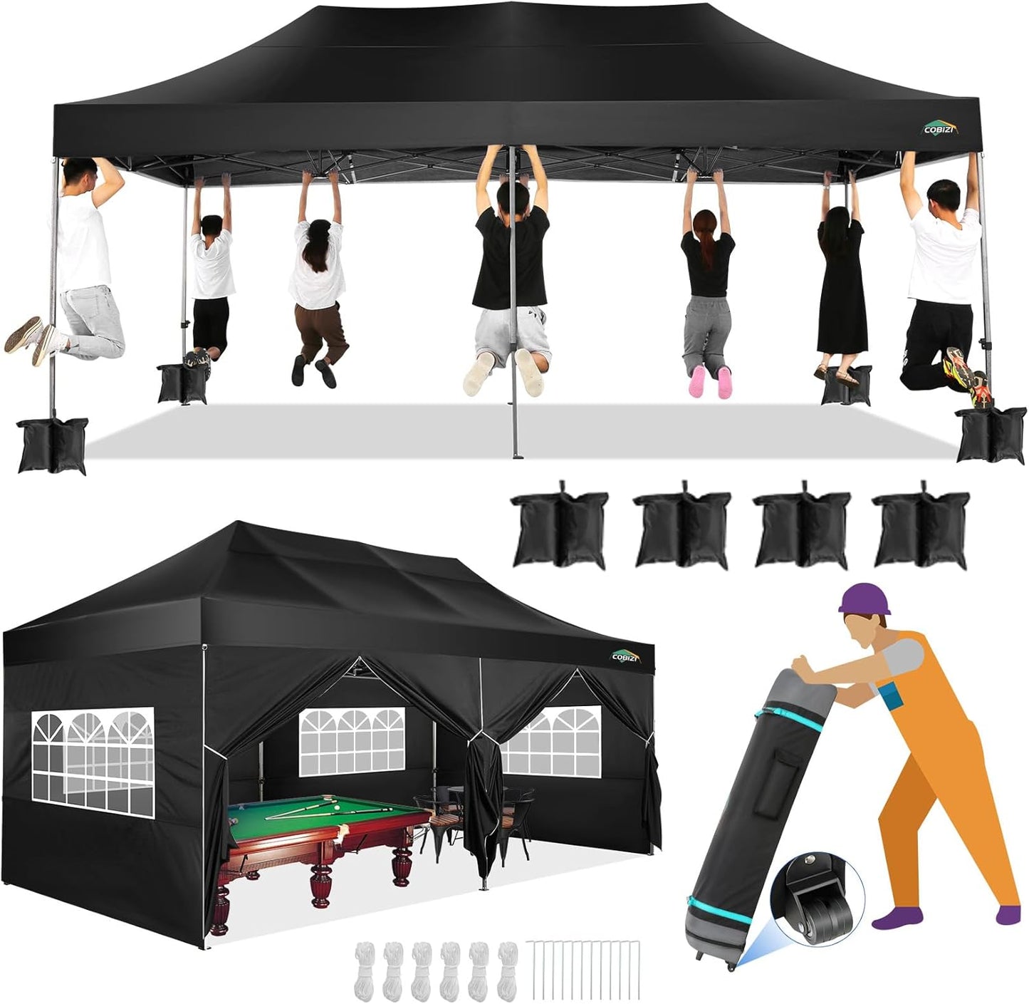 COBIZI 10x20 Canopy with Sidewalls, Heavy duty Party Tent Pop up carpas para fiestas, Tents for Parties, wedding, Outdoor Ez up Foldable Portable Canopy Tent with Wheeled Bag, Black(Windproof Upgrade)