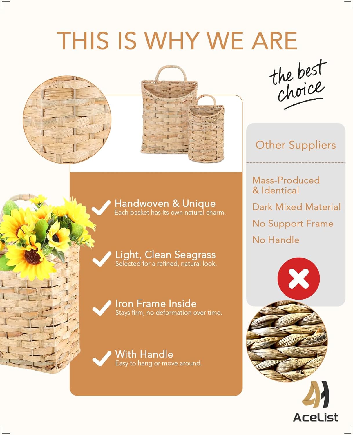 AceList Woven Hanging Basket for Front Door Set of 2, Handmade Water Hyacinth Hanging Wall Basket, Natural Wicker Storage Bins with Handles, Decorative Boho Organizer for Home Farmhouse Decor