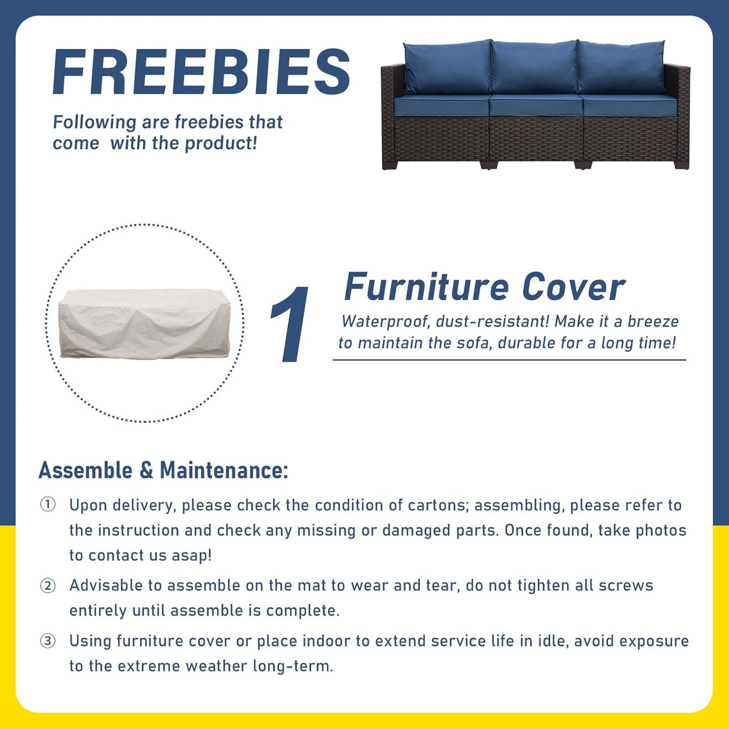 Outdoor Couch Wicker Patio Furniture 3-seat Sofa Outdoor Furniture Deep Seat Hight Backrest Waterproof Cover Non-Slip Cushions, Navy Blue