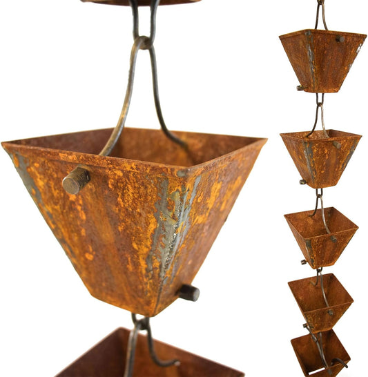 Nutshell Stores Medium Square Cups Rain Chain - Weathered Steel - 8 Feet
