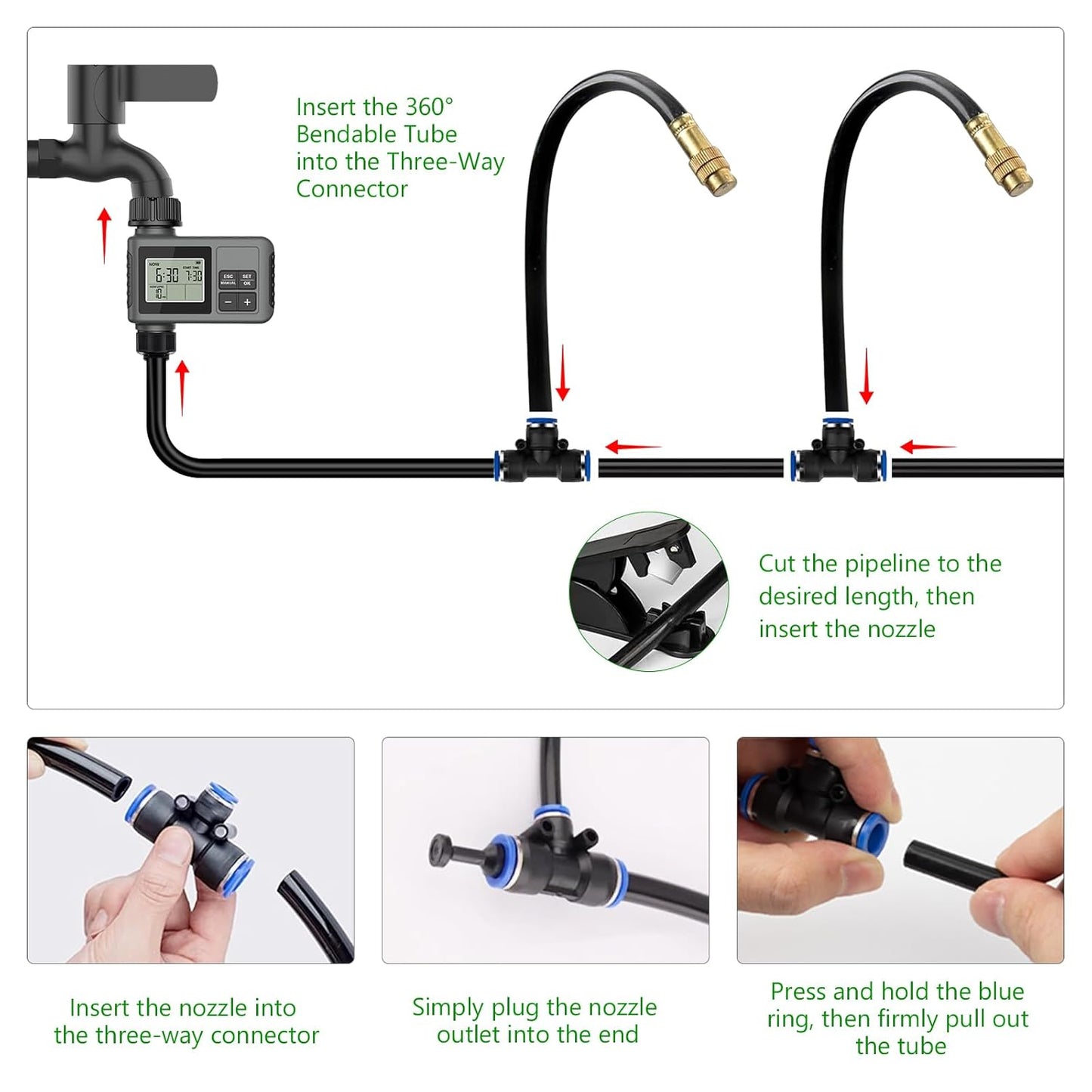 60FT Drip Irrigation System with Water Timer – Automatic Garden Watering Kit with 360° Bendable Hose & Adjustable Nozzles, Smart Irrigation System for Greenhouse, Lawn, Yard & Plants