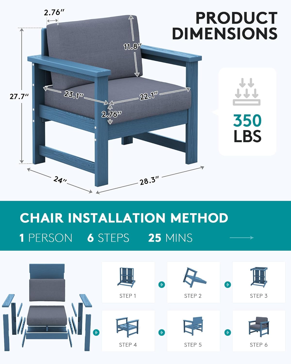 SERWALL 2 Pieces Single Cushioned Lounge Chair, Blue HDPE Outdoor Adirondack Sofa Armchair with Grey Cushion