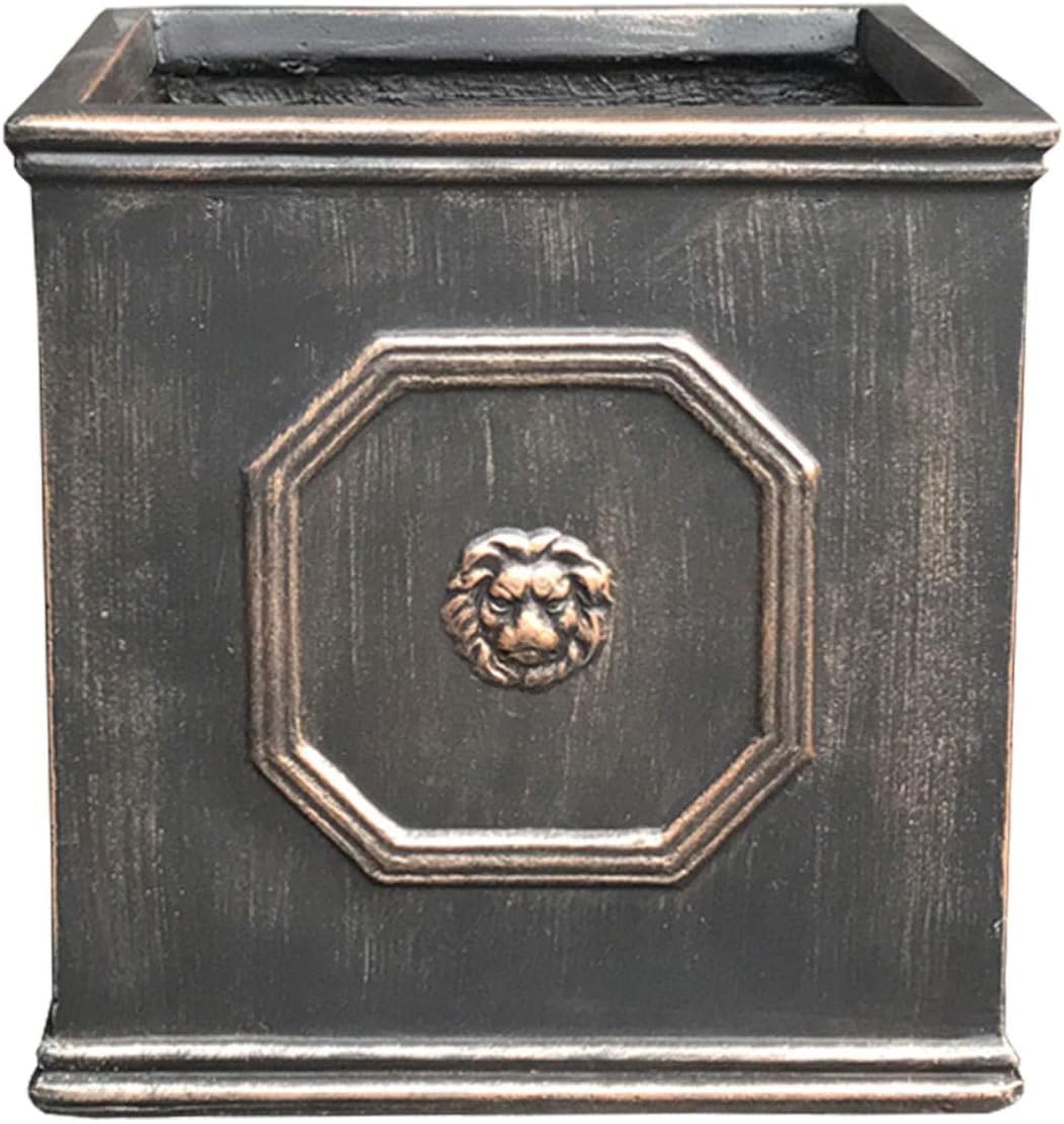 Kante Square Lion Head Concrete Planter, Classic English Style Plant Pot with Drainage Hole and Rubber Plug for Indoor Outdoor Garden Patio Home, 12.6"x12.6"x12.6" Metallic Chestnut