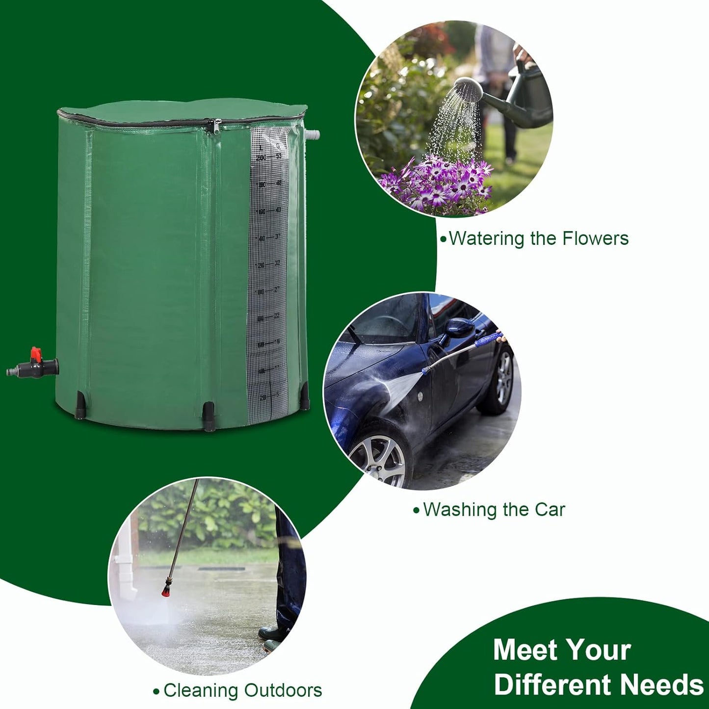 50 Gallon Collapsible Rain Barrel, Portable Rainwater Collection System, Rain Catcher Barrel with Volume Scale Mark, Spigots and Overflow Kit, Rain Water Barrel Collector for Garden, Green