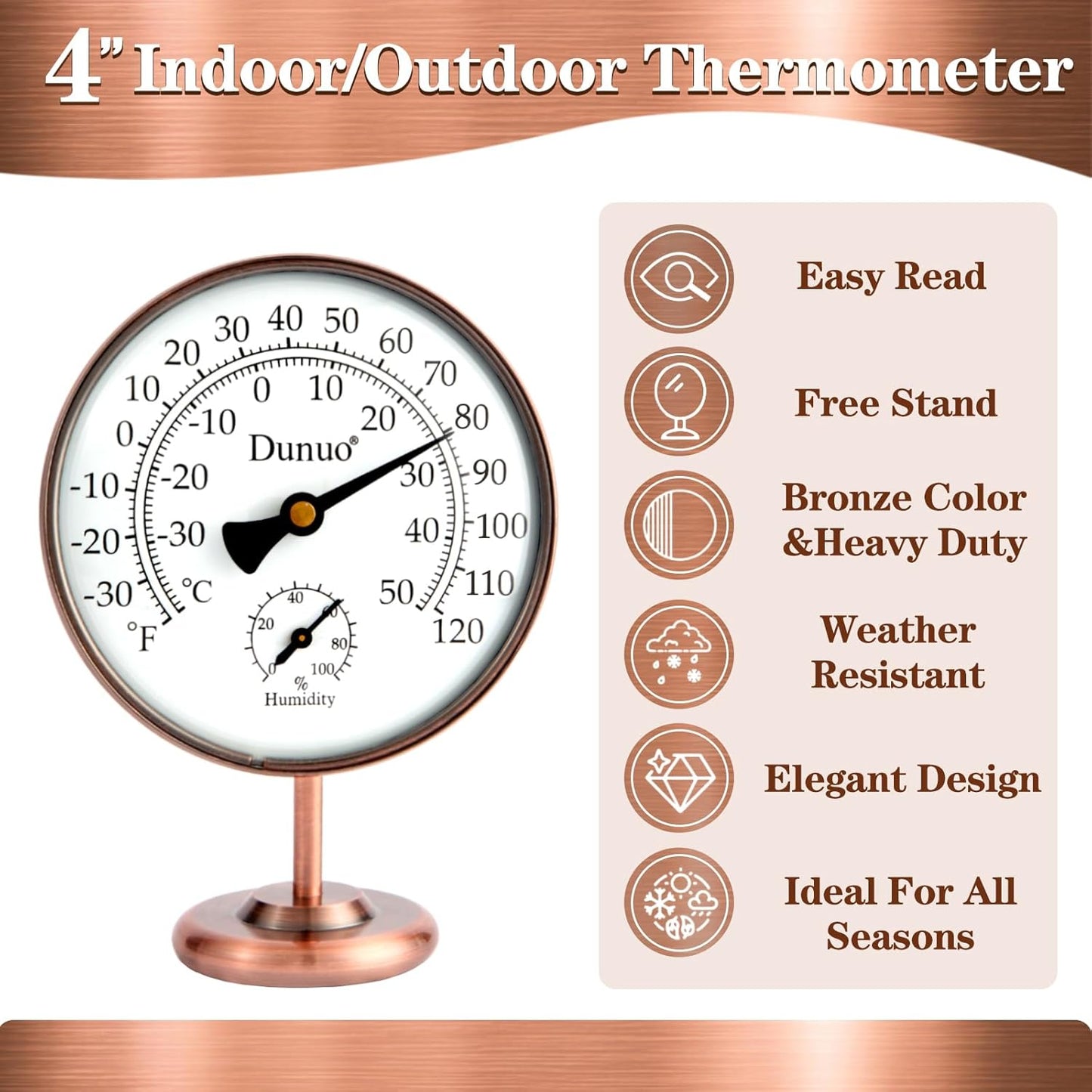 4-inch Outdoor Thermometer Hygrometer, Indoor Humidity Meter, Temperature Monitor Gauge for Home, Room, Office, Patio, House, Greenhouse, Antique Copper,Tabletop Decor.