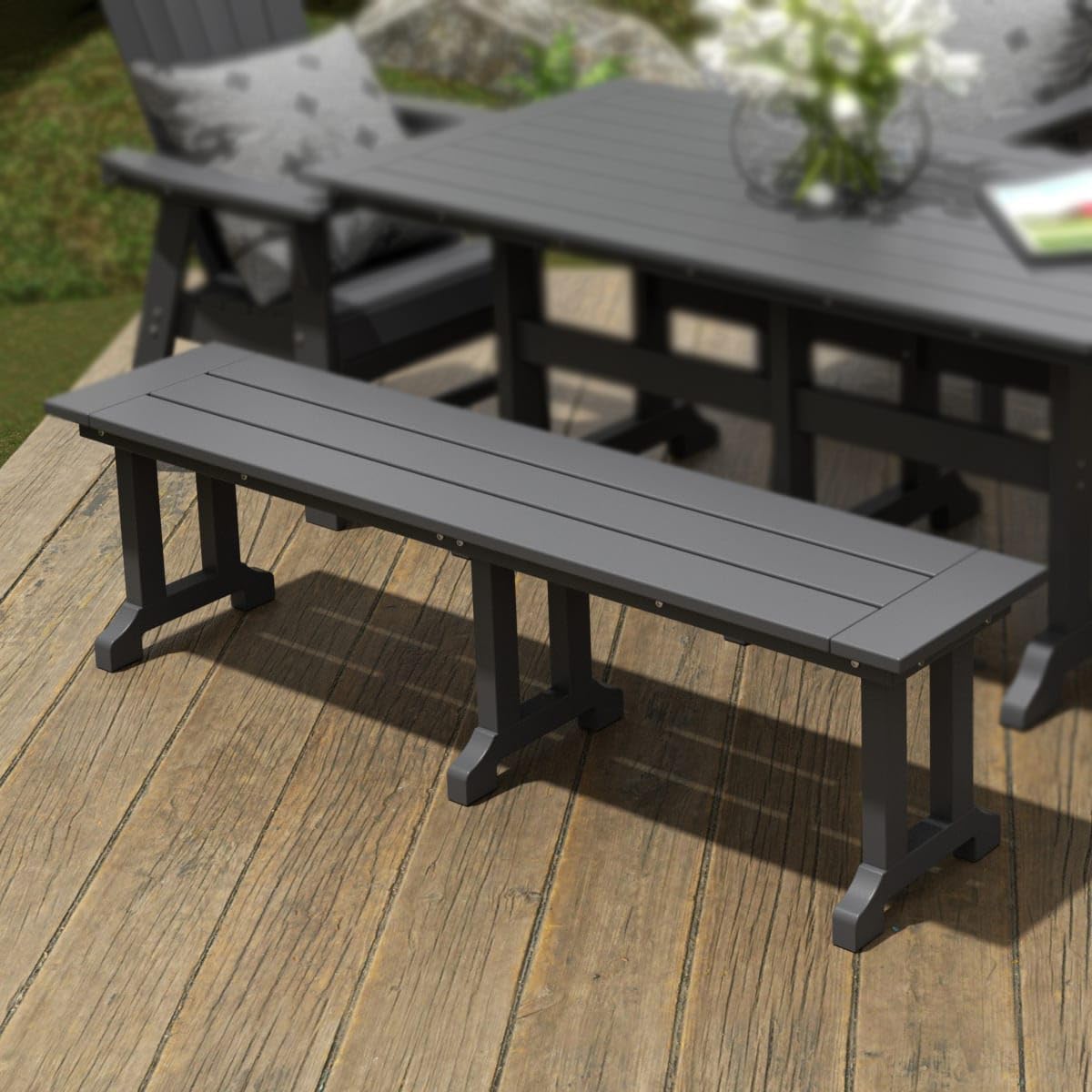 WestinTrends Malibu 65" Outdoor Dining Bench, All Weather Resistant Poly Lumber Patio Garden Bench Trestle Long Bench for Both Outdoor and Indoor, Gray