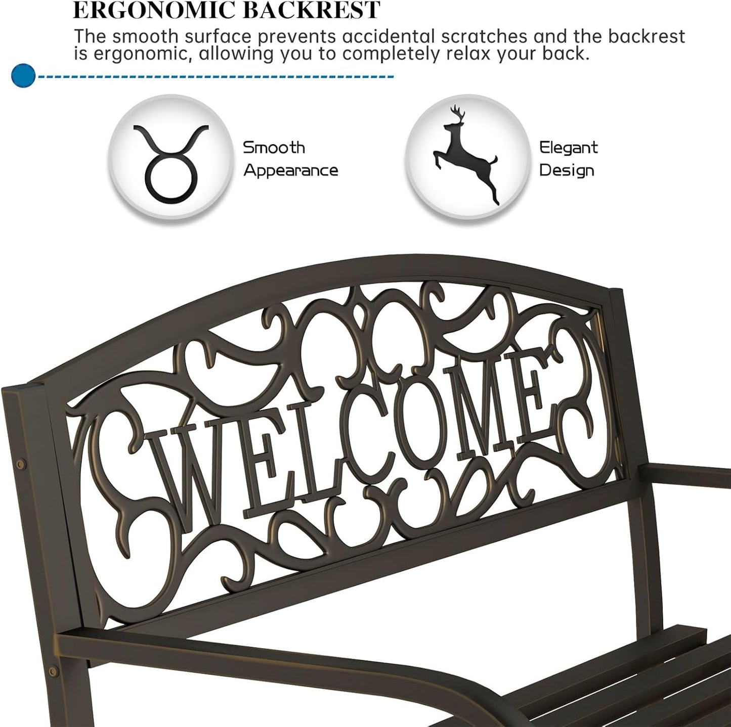 On Shine 50'' Patio Garden Bench, Loveseats Patio Park Bench,Black Steel Cast Iron Frame Bench,Metal Bench Outdoor for Porch Yard Lawn Deck (Bronze-Welcome)