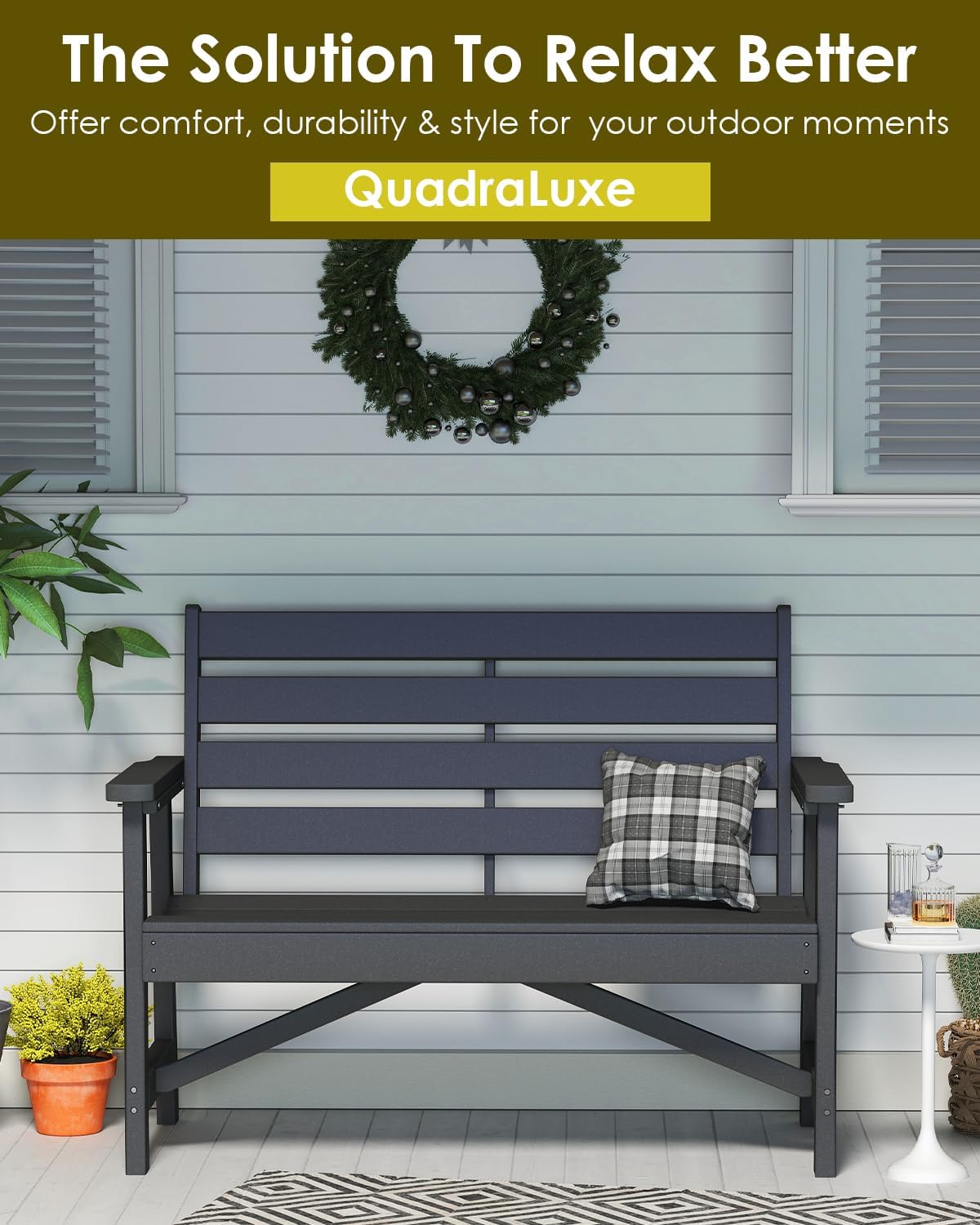 GREENVINES Outdoor Bench | HDPE | Garden Benches | All Weather | for Outdoors Patio Park Porch Outside Backyard | 2-Person | Grey