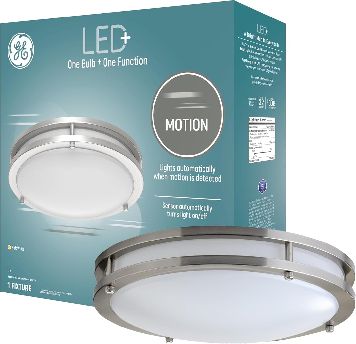 GE LED+ Motion Sensor Fixture, 20W, Flush Mount Ceiling Light with Motion Sensor, Security Light, Soft White