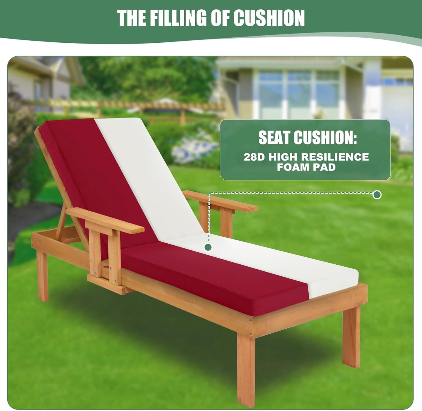 Chaise Lounge Cushions Outdoor - Waterproof and Fade Resistant Sun Lounger Replacement Cushions - Patio Lounger Pads with Removable Cover for Pool, Deck, Lawn, 72 x 21 x 3 Inch, Red
