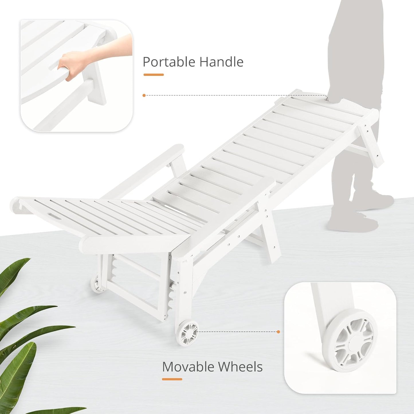 LUE BONA Outdoor Chaise Lounge Chairs Set of 2, 79'' Oversized HDPS Chaise Lounger, 5 Positions Adjustable Lounge Chairs, Pool Lounge Chair with Wheels for Poolside, 3 Year Warranty, White