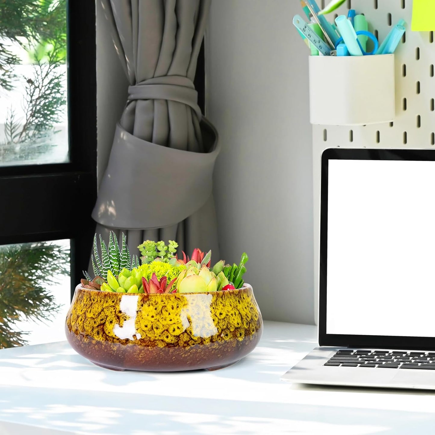 ARTKETTY Succulent Pots - 8 Inch Plant Pot, Large Bonsai Pots with Drainage, Ceramic Planters for Indoor Outdoor Plants, Round Shallow Cactus Flower Plant Container Bowl Decorative Home Garden