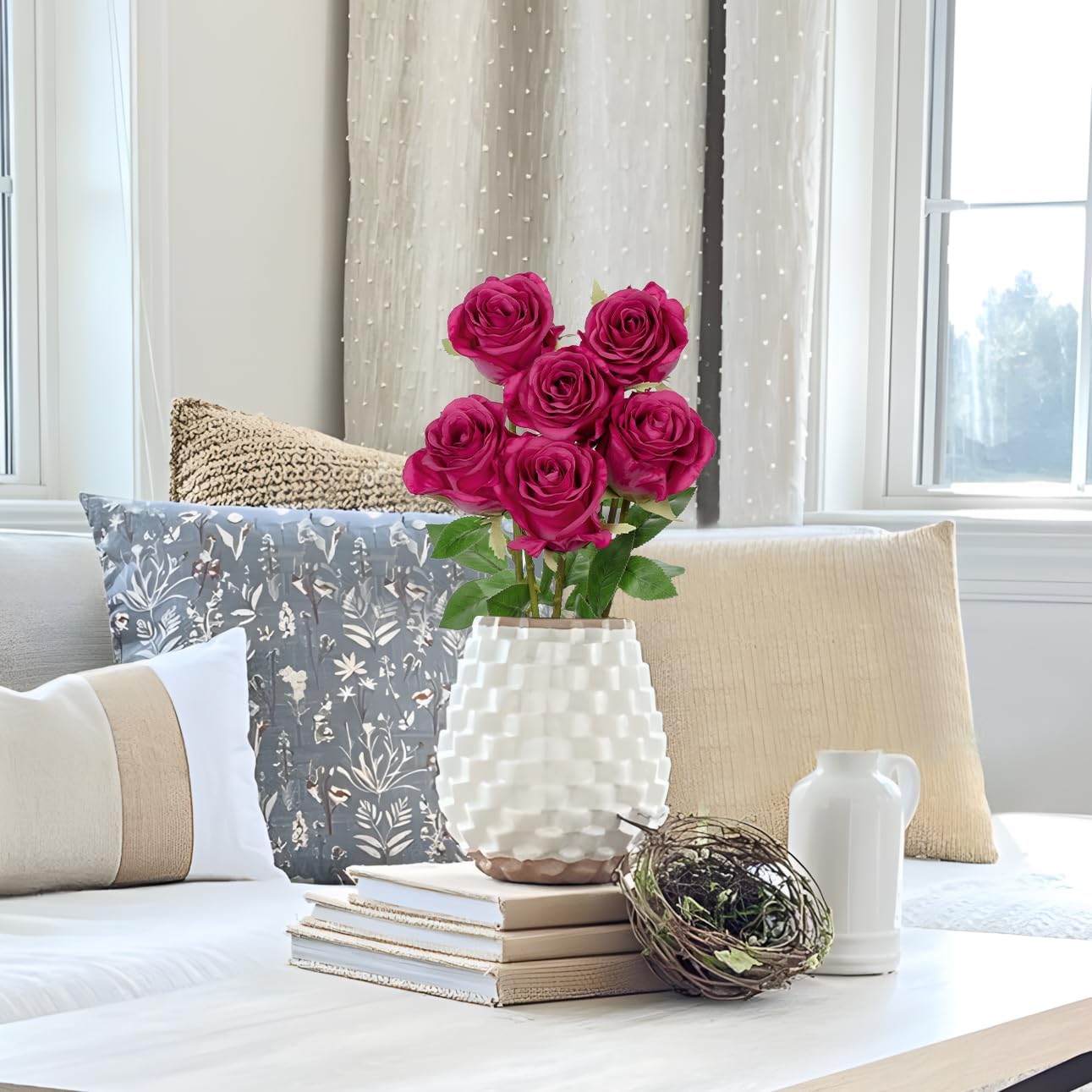 Briful Hot Pink Artificial Roses – 6PCS 18.9" Silk Rose Faux Flowers with Long Stems Realistic Fake Rose Bouquet for DIY Wedding Arrangements Table Vase Centerpieces Home Event Decor