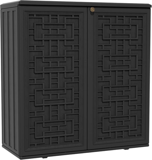 Indoor Outdoor Storage Cabinet Waterproof with Shelf,Plastic Storage Sheds Outdoor Cabinets for Patio/Garden/Backyard, Size 34.3''L*15''W*36.2''H（Black）