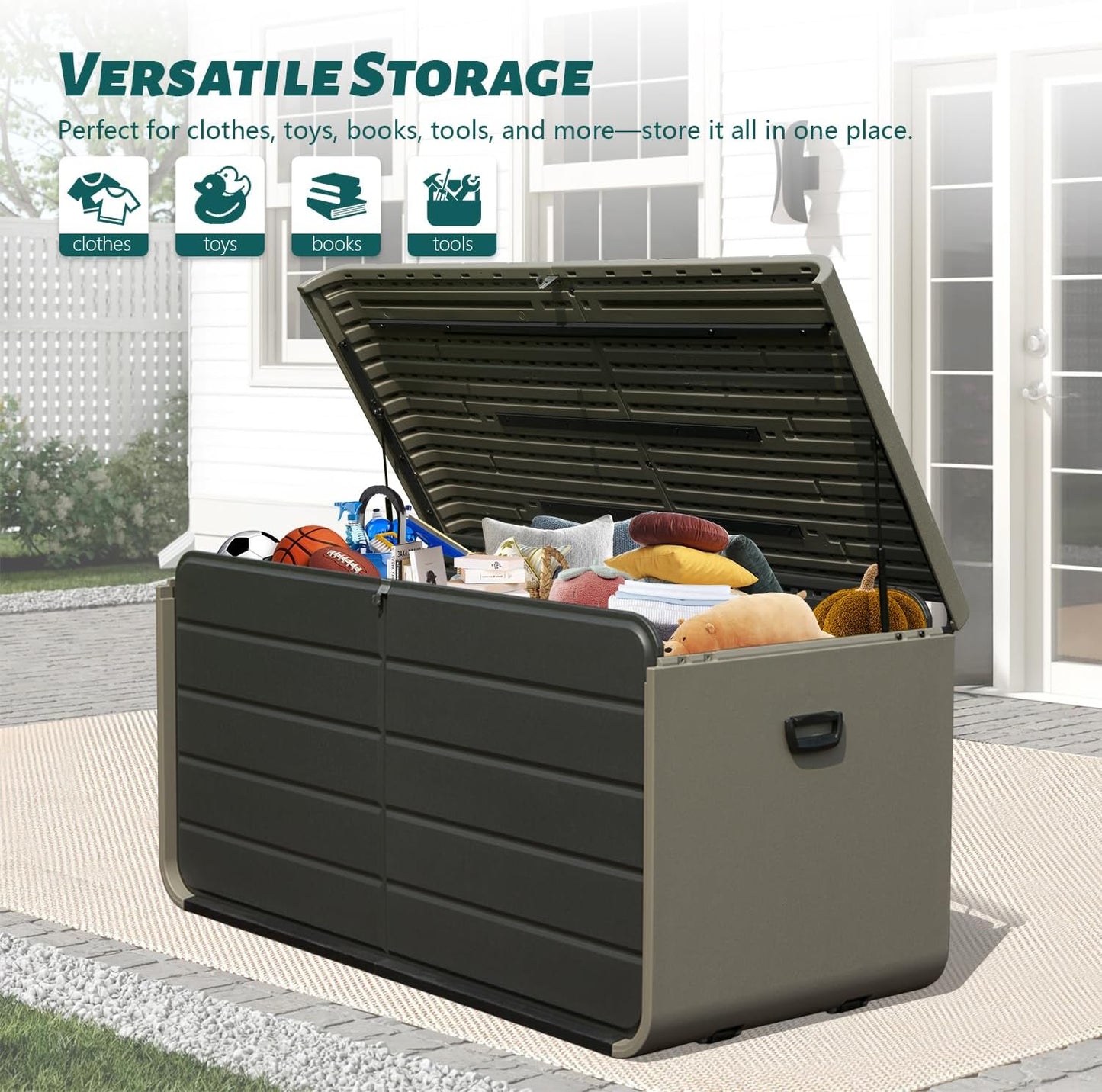 Domi 160 Gallon Outdoor Storage Box – Waterproof, UV-Resistant Deck Box with Lockable Lid for Patio Furniture, Garden Tools, Delivery Packages (Large Resin Storage Bin）