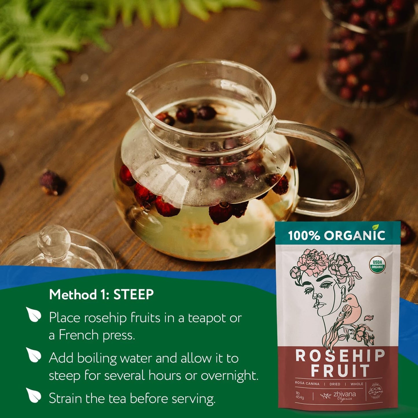 Organic Rose hips Dried Whole (16oz.) – Rosehip Fruit Tea Loose (Rosa Canina) – Source of Vitamin C from Food – European Origin