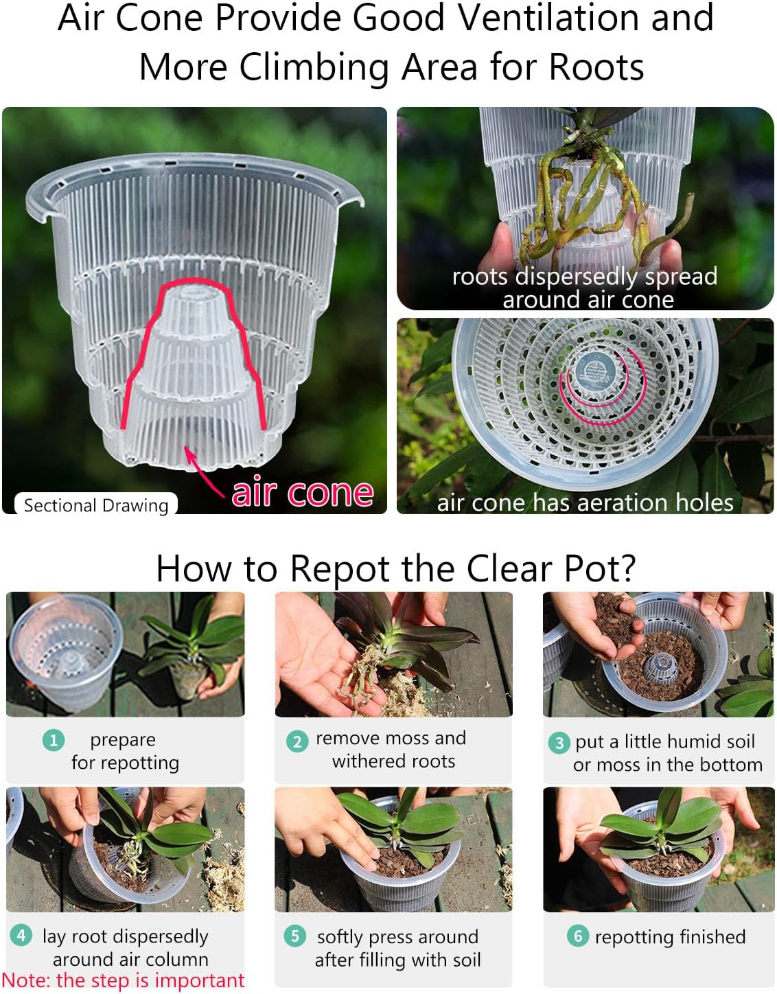 5 inch Orchid Pots with Holes for Repotting with Excellent Airflow, Set of 2, Double Layer Plastic Imitate Ceramic Orchid Planter, Clear Orchid Pot Match Decorative Orchid Container