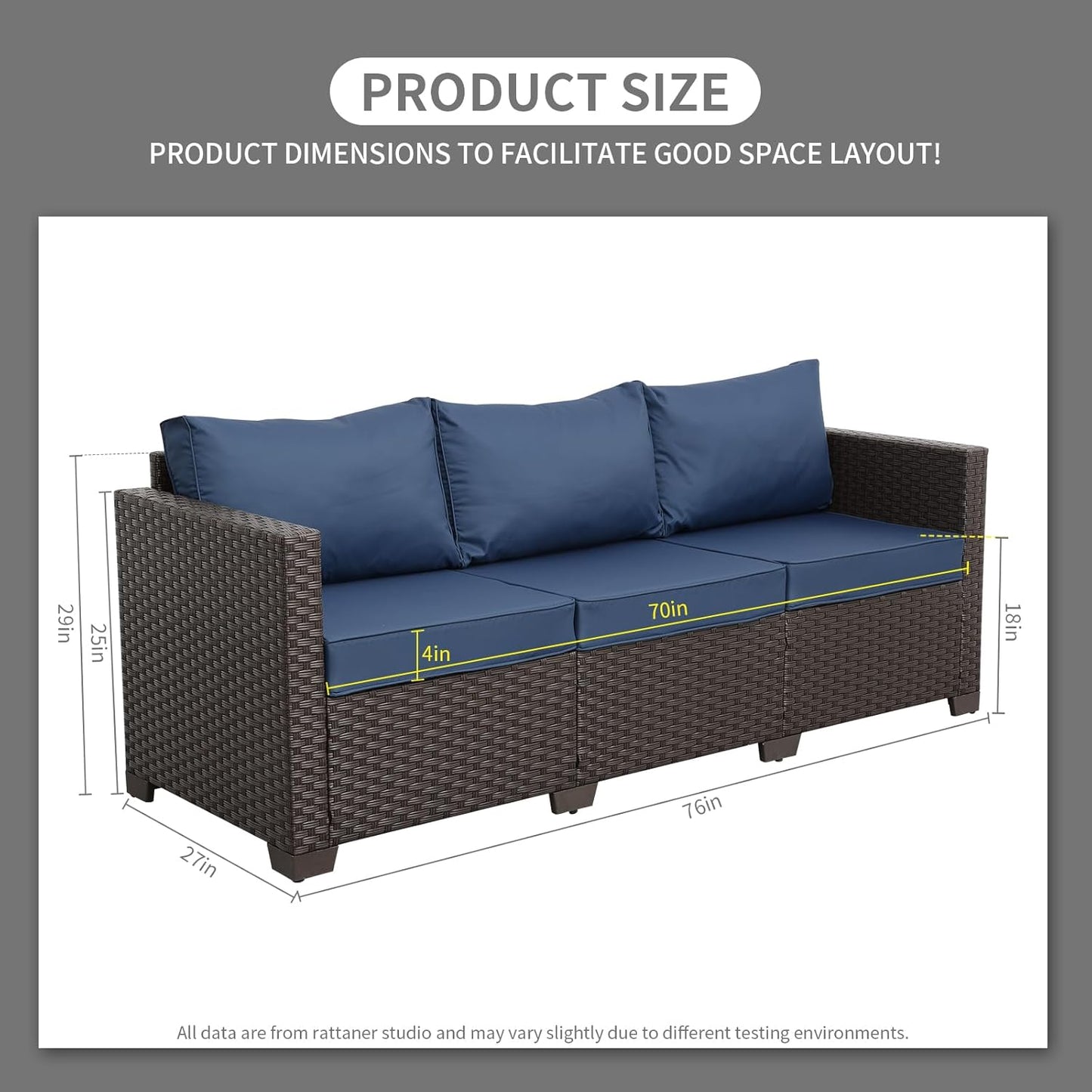 Rattaner Outdoor Couch Wicker Patio Furniture 3-seat Sofa Outdoor Furniture Deep Seat Hight Backrest with Waterproof Cover Anti-Slip Cushions, Navy Blue