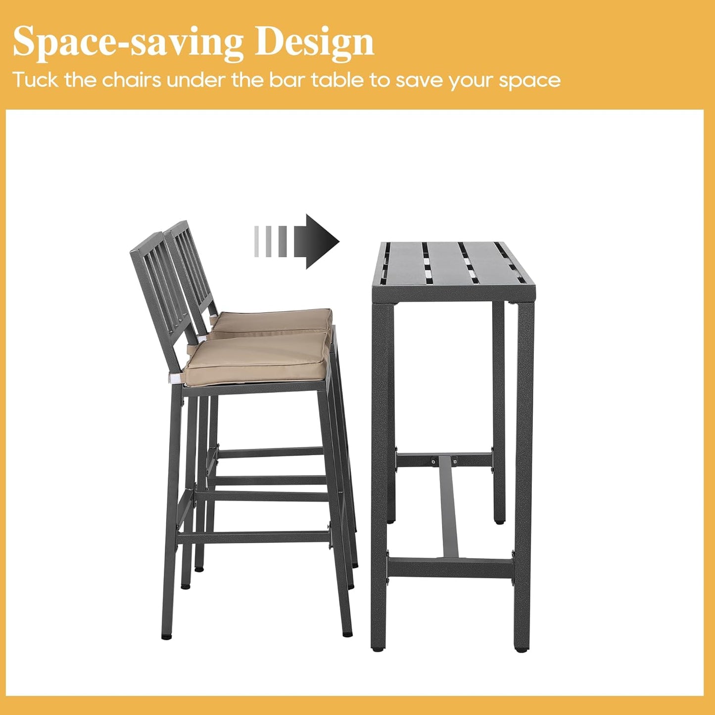 Outdoor Patio Bar Set, Bar Height Patio Dining Set, Weather-Resistant Bistro Counter Pub Set with Cushions & Slatted Tabletop for Backyard (Gray, 47" Table, 2 "I Style Stool)