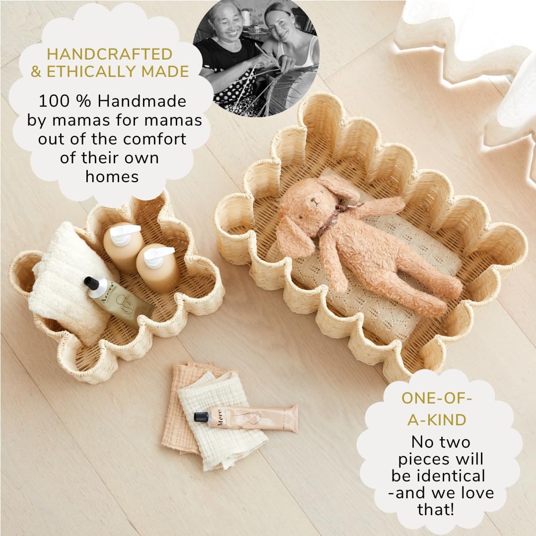 BEBE BASK Unique Wavy Scalloped Basket Set Of 2 - Scallop Basket - 16 x 10 x 7 In - Hand-Woven Elegant Wicker With Scalloped Edge Lid - Nursery Storage - (Earthy)