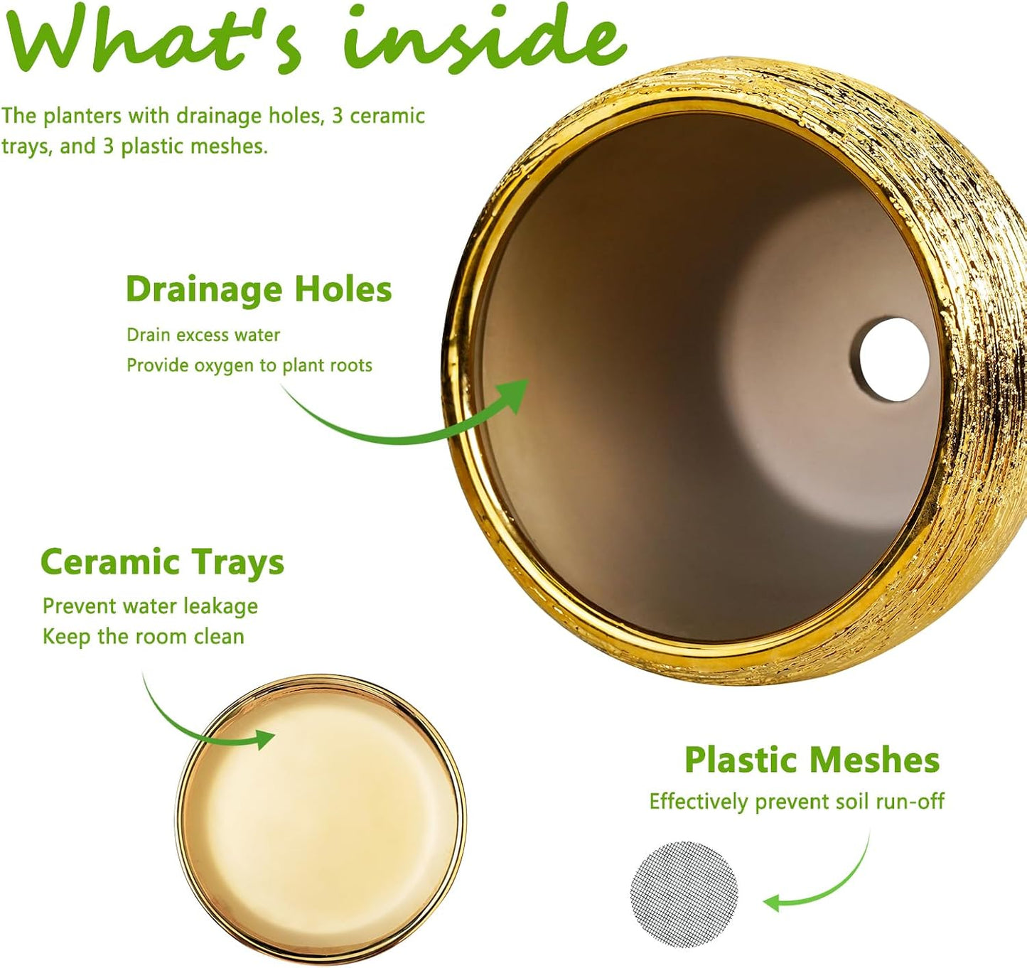 Flower Pots for Indoor & Outdoor Plants - Ceramic Pots 10 Inch, 8 Inch, 6 Inch with Drainage Holes, Saucers - Decorative Large Planters Set of 3 Gold