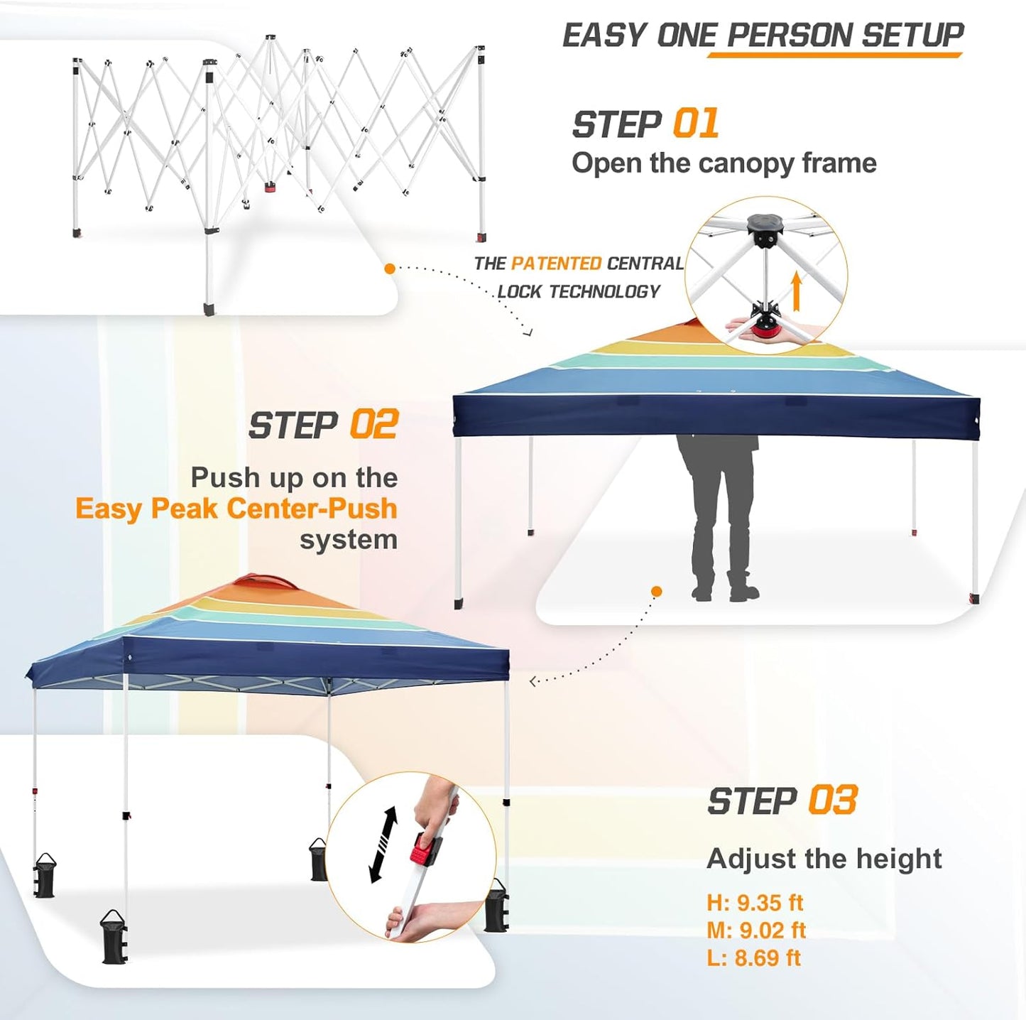 EAGLE PEAK Pop Up Canopy Tent with Wheeled Carry Bag, 8 Stakes, 4 Ropes, 4 Weight Bags, Easy Set Up Tent Canopy, 10x10 ft, 100sqft of Shade, Retro Stripe Multi