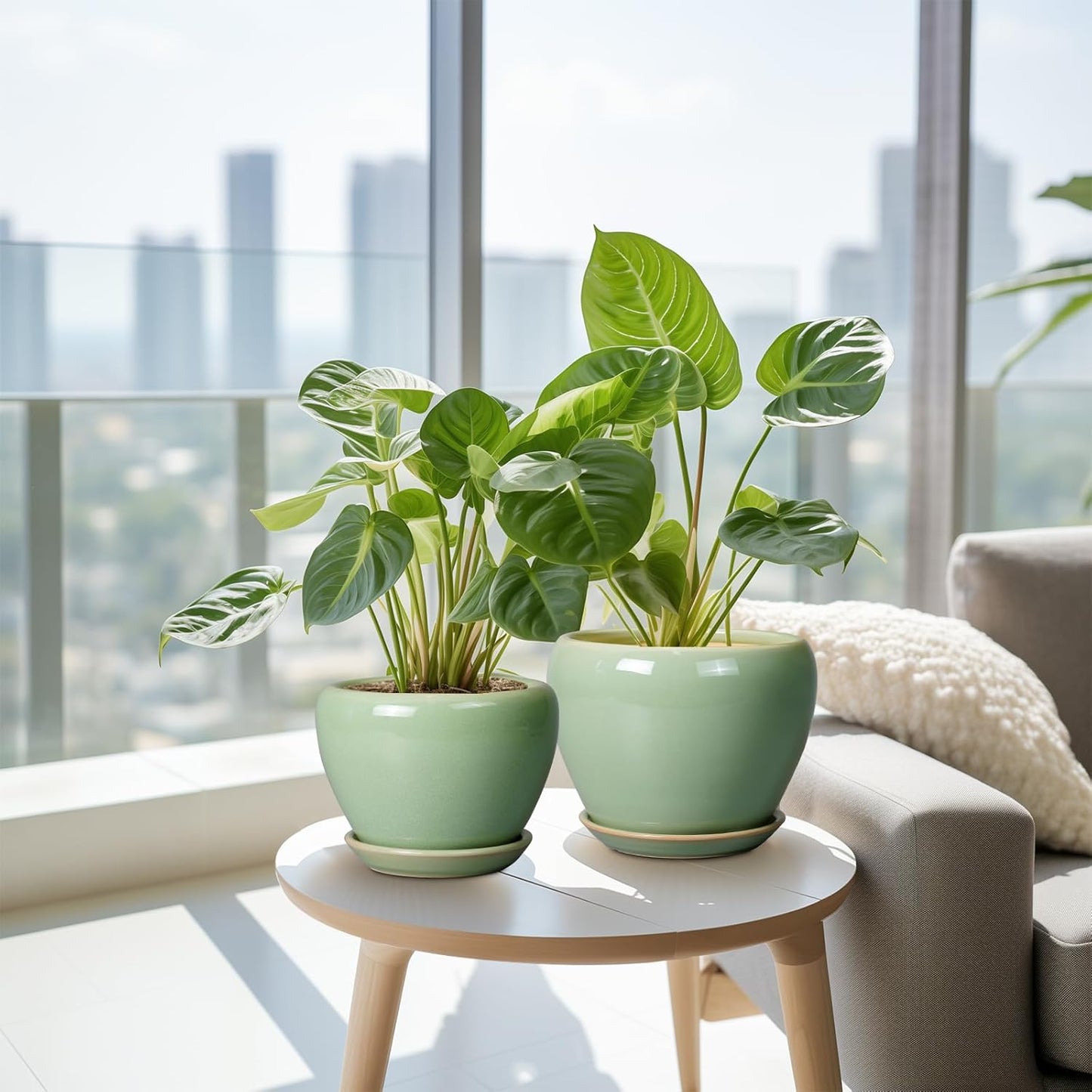 Ceramic Pots for Plants - 10/8/6 Inch Flowers Planters with Drainage Holes and Saucers for Indoor Outdoor, Decorative Modern Home House Office Room Decor, Set of 3, Green