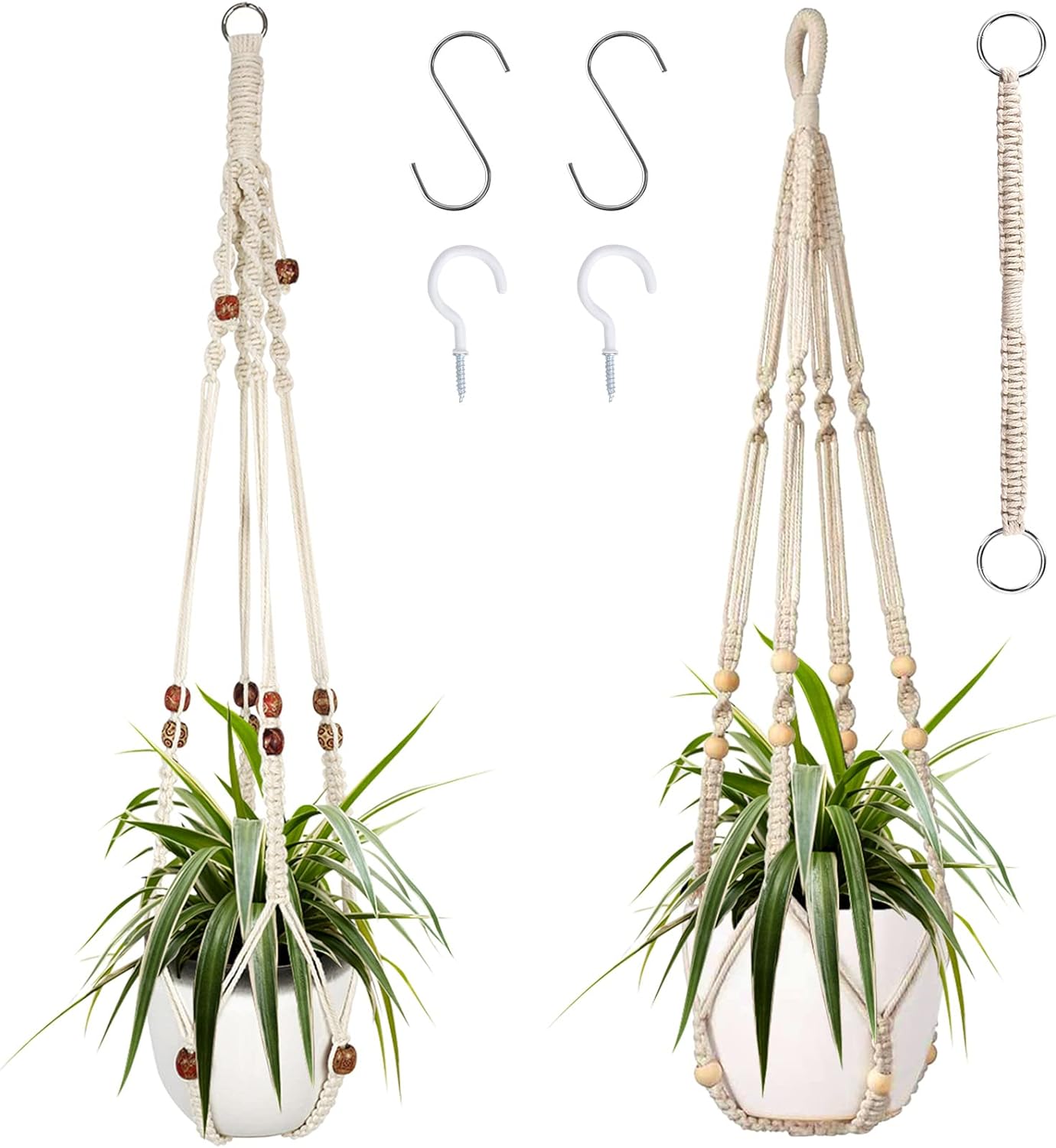 Augshy Macrame Plant Hanger, 2Pcs Hanging Plant Holder with Extender Plant Hangers for Indoor Outdoor Decor Macrame Hanging Planter Basket with 4 Hooks