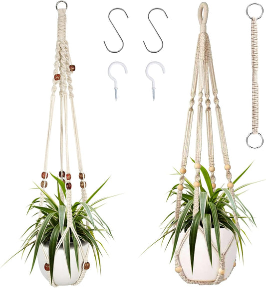 Augshy Macrame Plant Hanger, 2Pcs Hanging Plant Holder with Extender Plant Hangers for Indoor Outdoor Decor Macrame Hanging Planter Basket with 4 Hooks