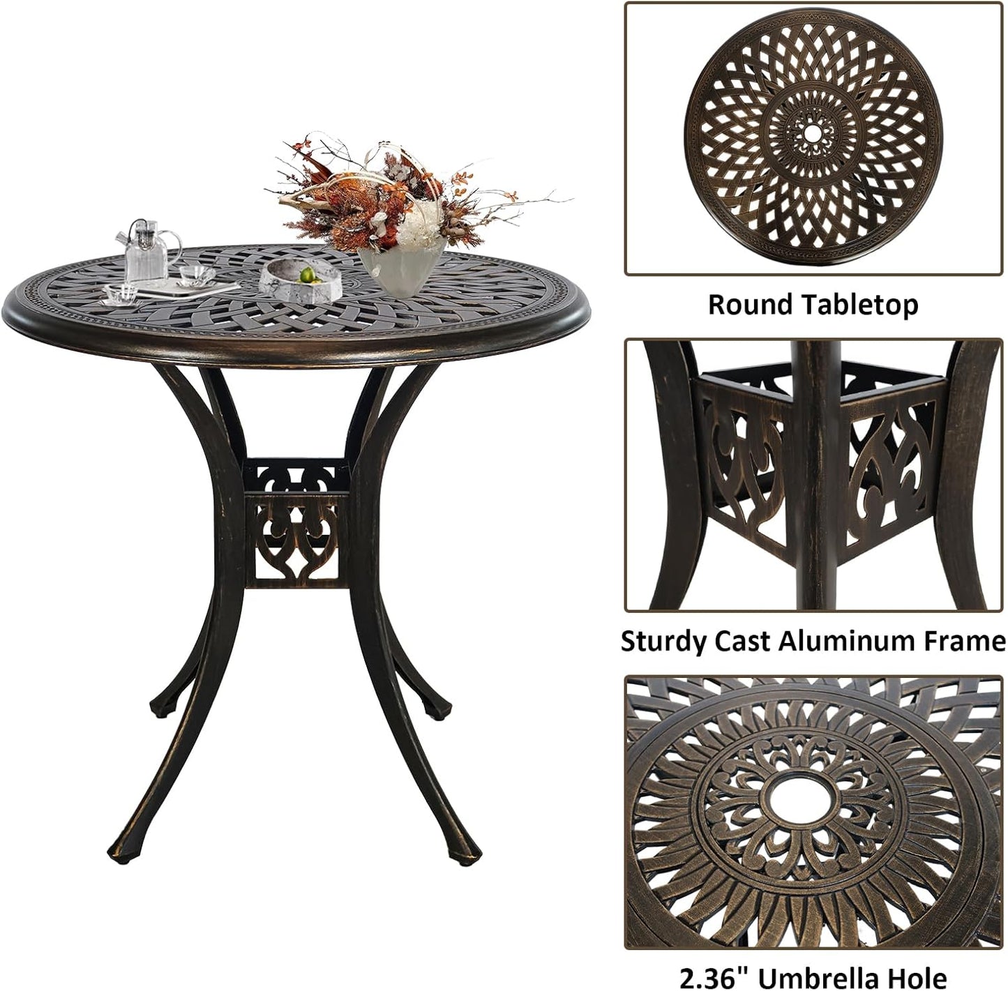 5 Piece Patio Dining Set, All Weather Cast Aluminum Outdoor Dining Table and Chairs Set of 4, Patio Furniture Conversation Set with 4 Chairs and 30.31" Round Table, 2.36" Umbrella Hole