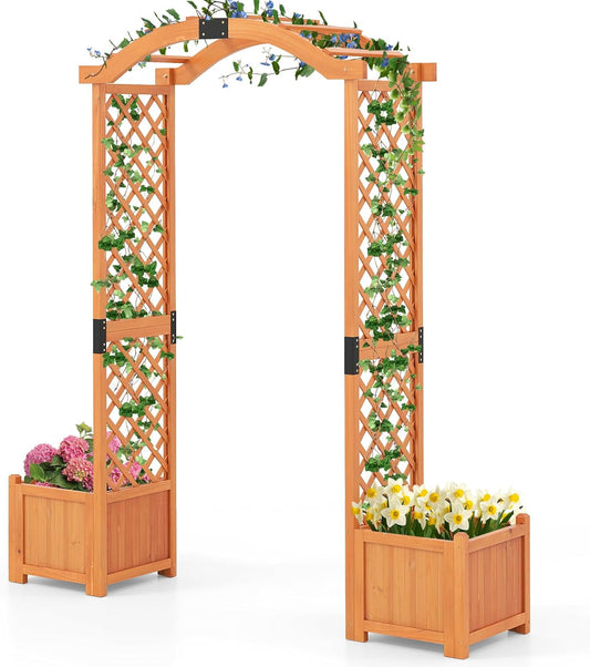 Giantex Garden Arbor with Planter Boxes, Wooden Arch with Trellis and Raised Garden Bed for Climbing Vine Plants Vegetables Herbs, Decorative Arbor Archway for Wedding, Ceremony, Party (Orange)