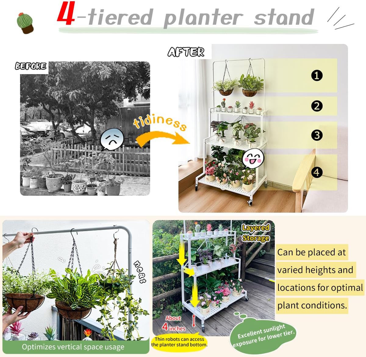 lumizone Foldable 4-Tier Plant Stand Indoor Outdoor Hanging Plant Shelf No Assembly Required Pot Placement Area With Wheels Sturdy Fall Prevention Storage Shelf Flower Pot Stand(4 Tier-Black)