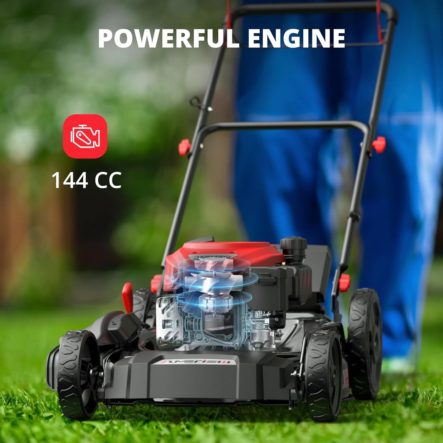 21" Gas Lawn Mower, 144cc Engine, 2-in-1 Mulching & Side Discharge, 6-Position Height Adjustment, Foldable Handles for Lawn, Yard, and Garden Maintenance