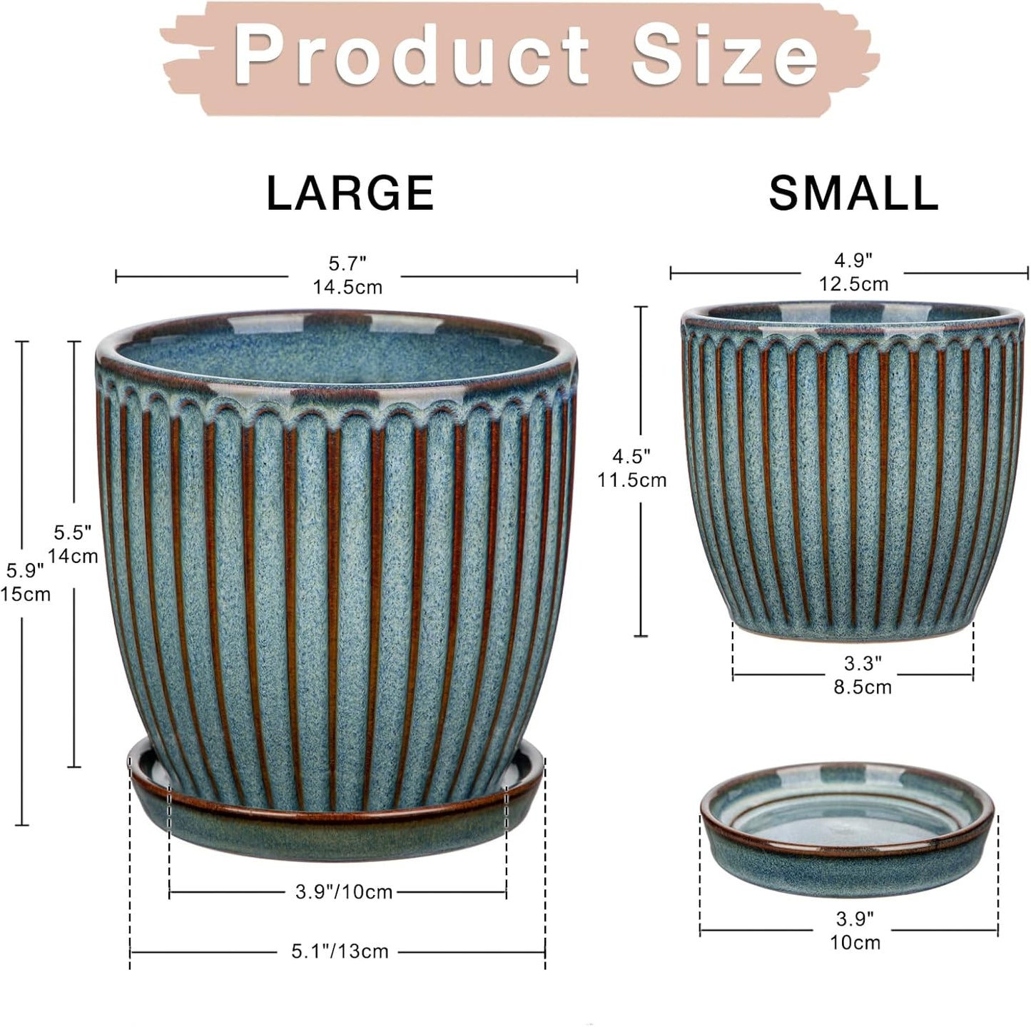 Oairse Ceramic Pots for Indoor Plants, 4.9 +5.7 inch Pots for Plants Set of 2 Marble Blue Plant Pots with Drainage Holes and Saucers Texture Ceramic Planters Indoor Outdoor Flower Pots for Succulent