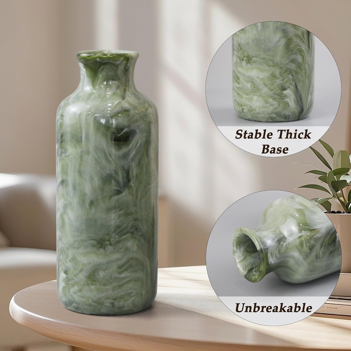 Resin 3 Piece Vase Set, Farmhouse Decor, Home Decorative Vase, Vases for Your Kitchen, Bedroom, Office, Living Room, Bathroom, & Shelf Centerpiece Table Decorations, Green