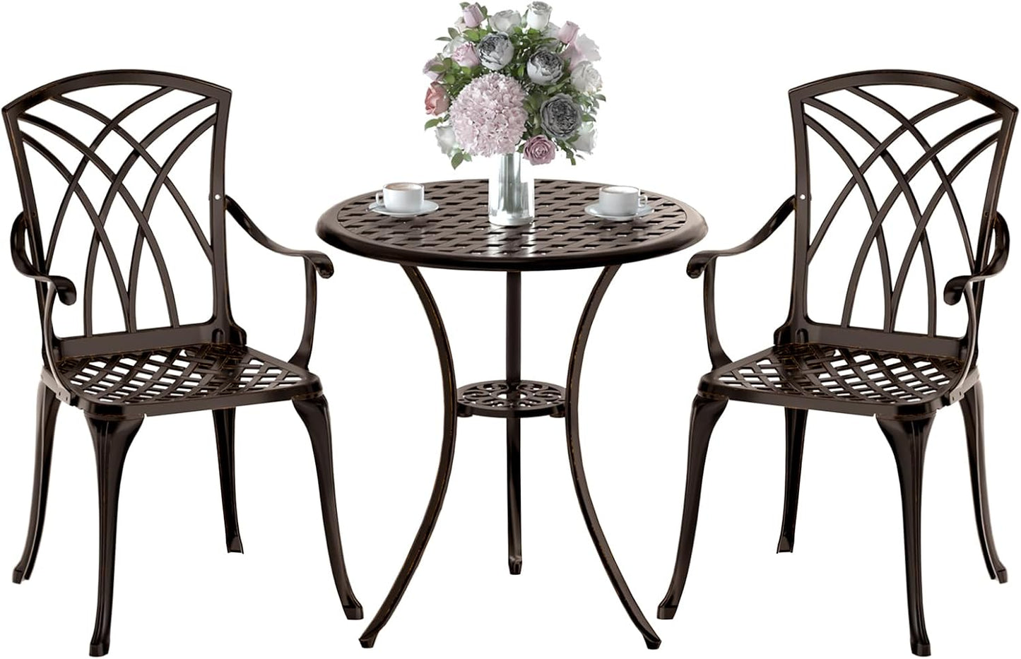 Patio Bistro Set 3 Piece, Cast Aluminum Bistro Set for 2 w/Umbrella Hole, Outdoor Table and Chairs Set of 2, Bistro Set for Balcony/Backyard/Garden, Bronze