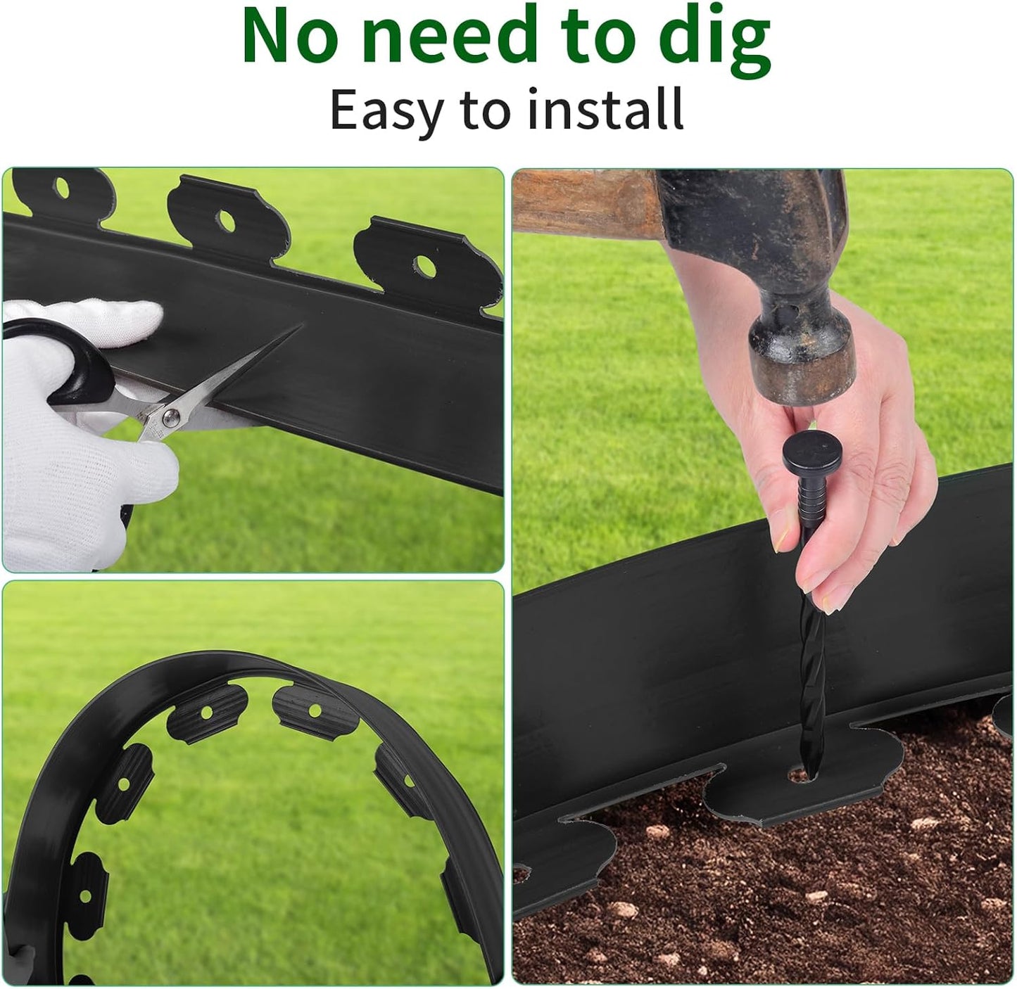 2 in x 100 Ft Garden Landscape Edging, No Dig Garden Edging Border Kit with Spikes for Flower Bed Lawn Yard Grass Black