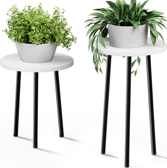 Plant Stand Indoor Tall: Corner Wood Plant Stand 2 Pack Mid Century Modern Decor - Small Round Plant Table for Indoor Plants - Outdoor Plant Holder for Patio Living Room Bathroom Office (White)