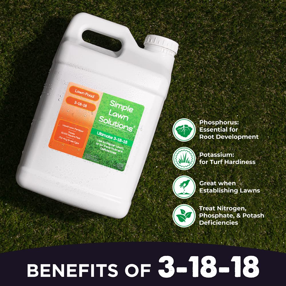 Ultimate 3-18-18 NPK- Lawn Food Liquid Fertilizer- Easy to Use Concentrated Spray- Any Grass Type- Summer & Fall Nutrients- Simple Lawn Solutions - Turf Hardiness & Root Vigor (2.5 Gallon)
