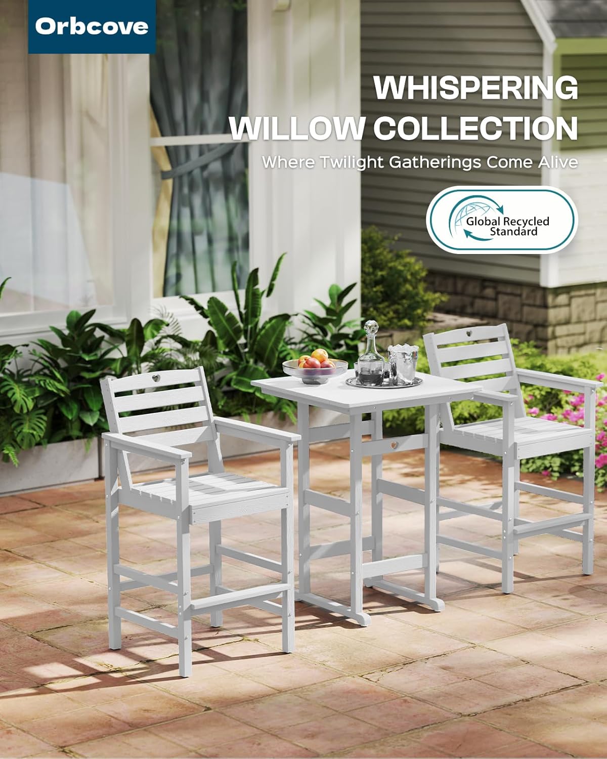 5-Piece Bar Height Patio Table and Chairs Set, HDPE Wood Grain Outdoor Bar Table and Chairs with Heart Cutout Design, Weather-Resistant Bar Height Furniture for Deck, Porch, Pool (White)