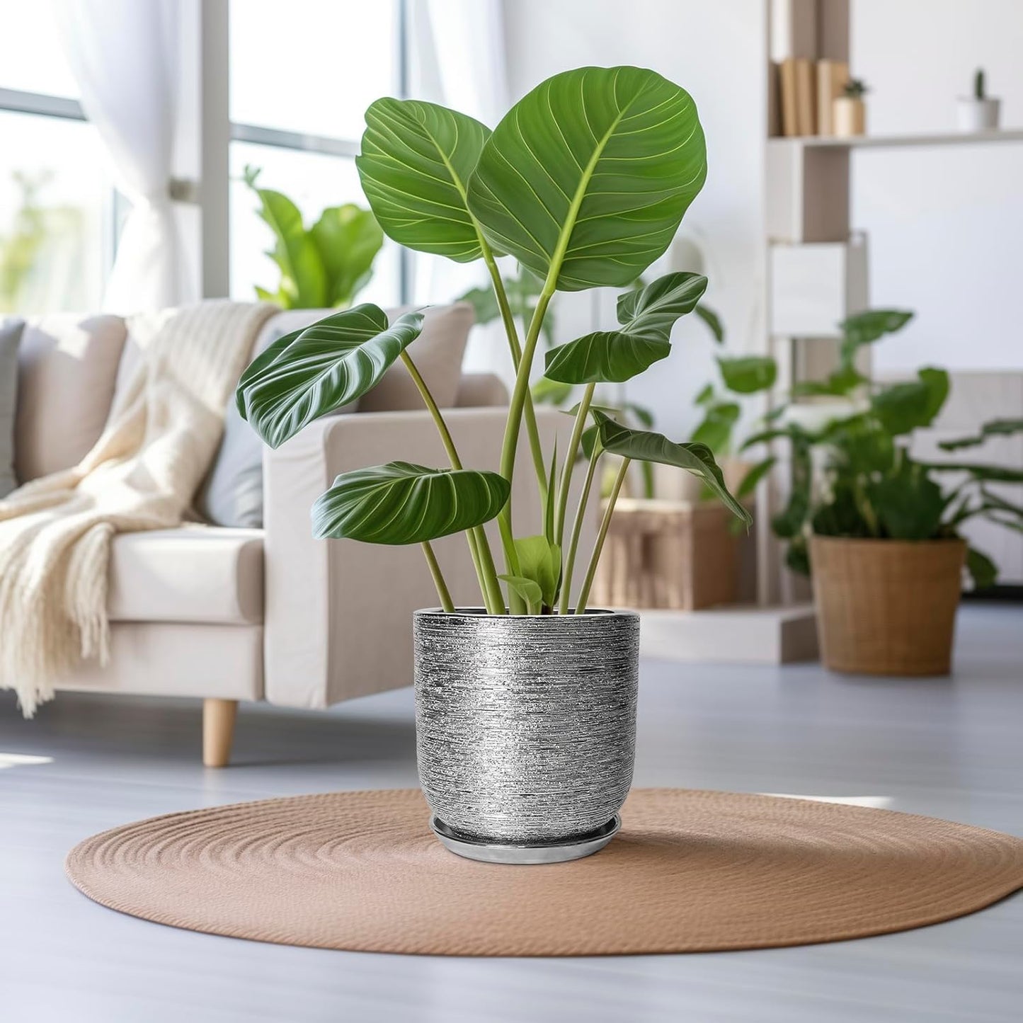 12 Inch Plant Pot - Ceramic Planter for Indoor Outdoor Plants, Modern Round Decorative Flower Pot with Drainage Hole and Saucer, Housewarming Gifts, Home Patio Decor, Silver