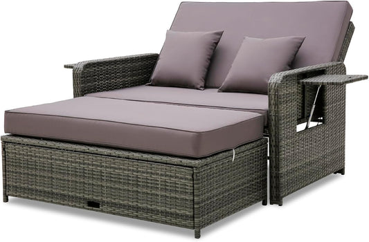 Tangkula Patio Rattan Daybed Set, Wicker Loveseat Sofa w/Multipurpose Ottoman & Retractable Side Tray, 4-Level Adjustable Backrest, Footstool w/Storage, Seat & Back Cushion Included (Gray)