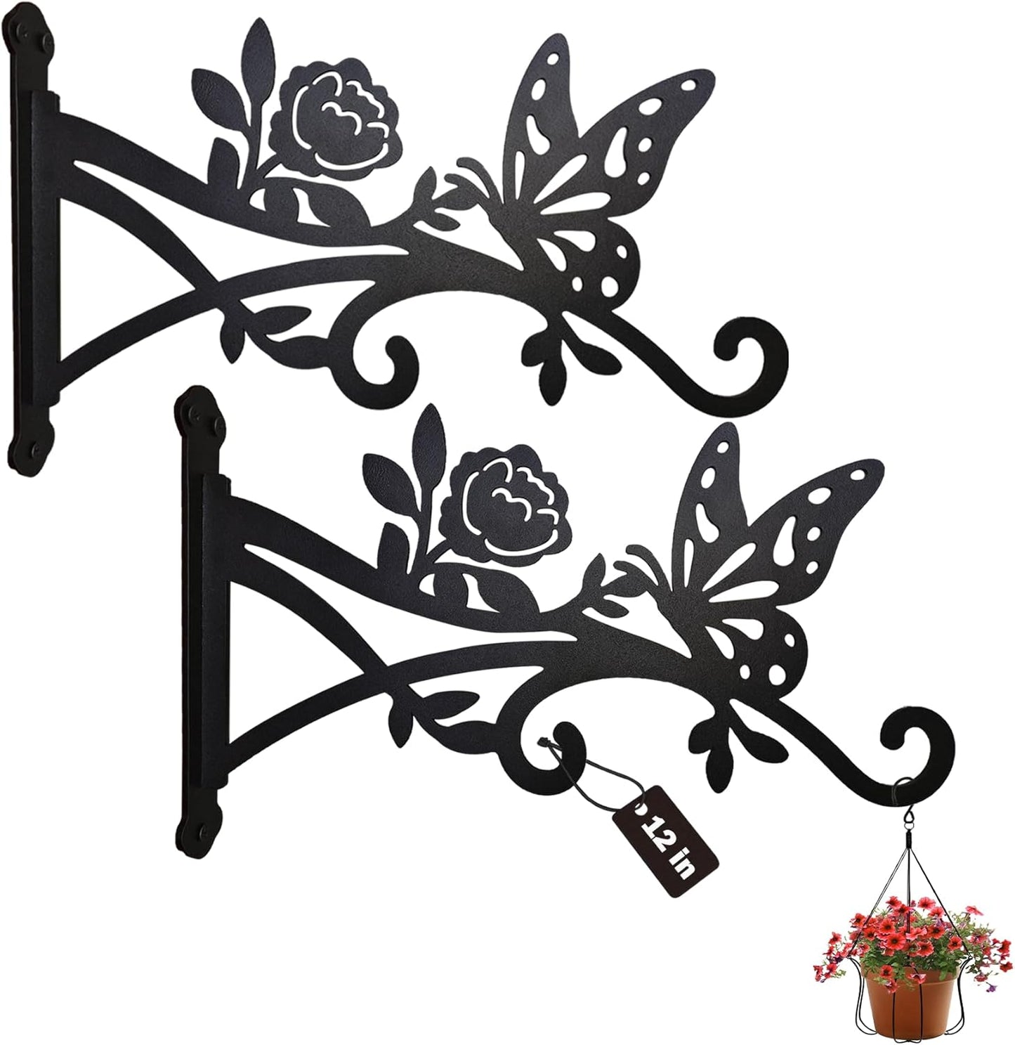 2 Pack Plant Hanger Hooks-12in Hanging Basket Hook-Heavy Duty Metal Wall Hanger with Butterfly Pattern-Plant Bracket for Outdoor & Indoor Hanging Plants,Bird Feeder,Lantern