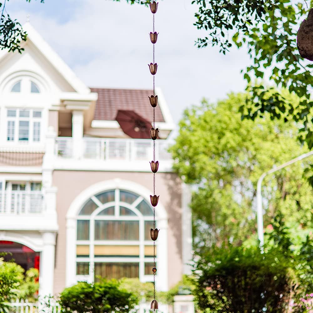 Rain Chains for Gutter, 8.3 Ft Tulip Rain Water Chain with 12 Cups, Adjustable Gold Rain Catcher Chain, Replacement Downspout for Gutters, Eaves Drainage Decor